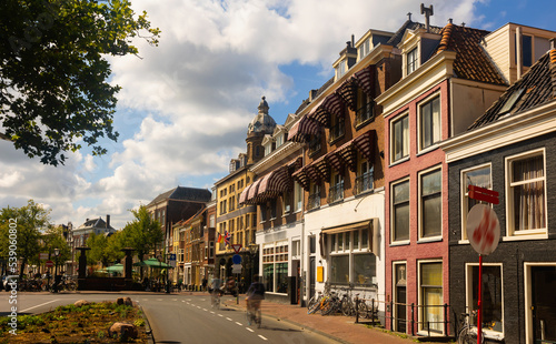 Summer view of ancient streets and houses of Leiden, city in province of South Holland, Netherland