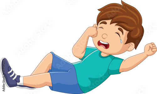 Cartoon little boy crying on white background
