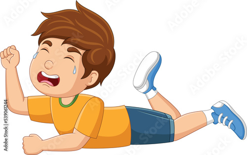 Cartoon little boy crying on white background
