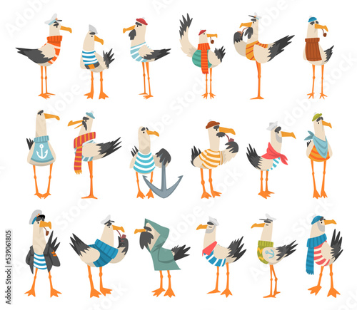 Seagull Sailor in Striped Vest with Smoking Pipe and Mustache Big Vector Set.