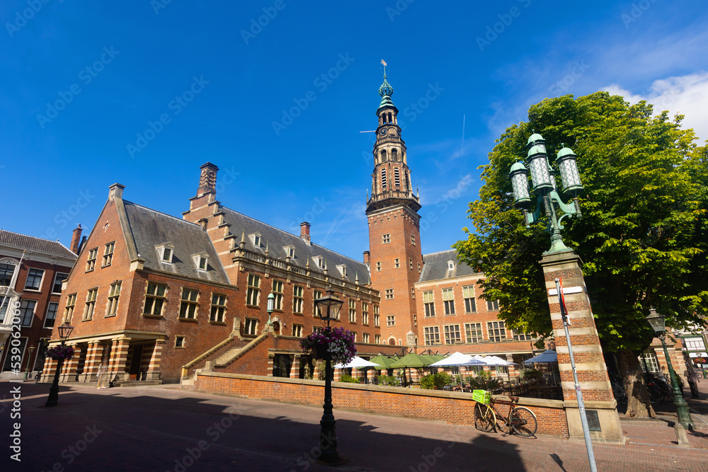 Obraz premium The building and tower of Leiden city hall in Leiden, Netherlands
