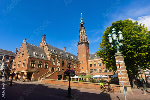 The building and tower of Leiden city hall in Leiden, Netherlands