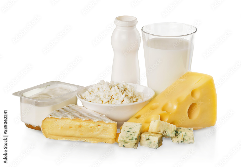 Dairy Products: Cheeses, Yoghurt and Milk - Isolated Dairy Products: Cheeses, Yoghurt and Milk - Isolated
