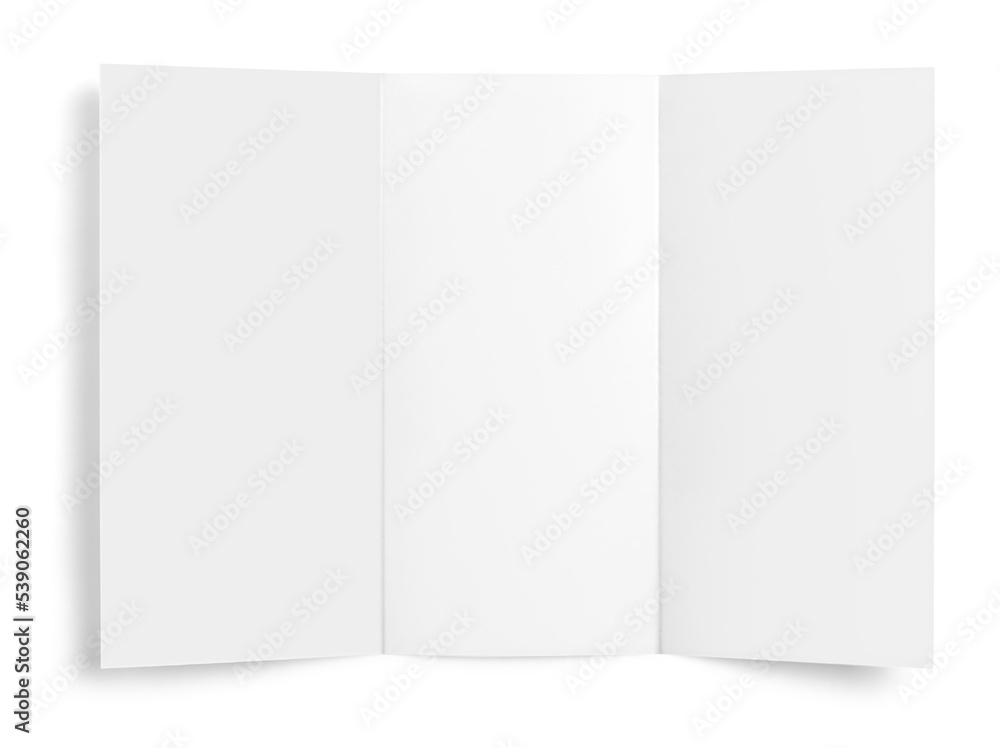 Close up of a blank folded leaflet white paper on white background Close up of a blank folded leaflet white paper on white background