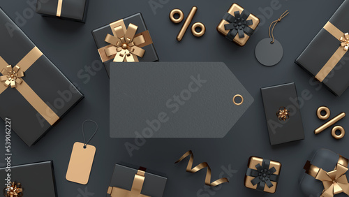 Black Friday offer flyer background with a dark tag, black and gold gifts in flat lay 3D illustration. Special discount and online shopping concept