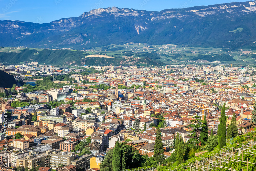Bolzano cityscape and countryside aerial panoramic view, Dolomites , Italy