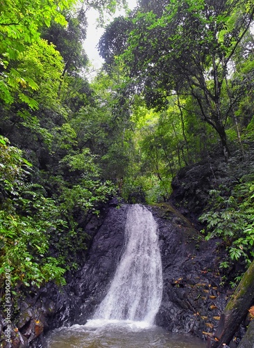 Waterfall Jaco Costa Rica, Catarastas Valle Encantado - Hidden waterfall surrounded by green trees, vegetation, rocks, leaves floating on green and clear water. Central America. photo