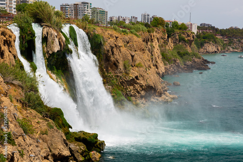 Lower Duden waterfall in Antalya, Turkey in beautiful summer day on Mediterranean sea coast