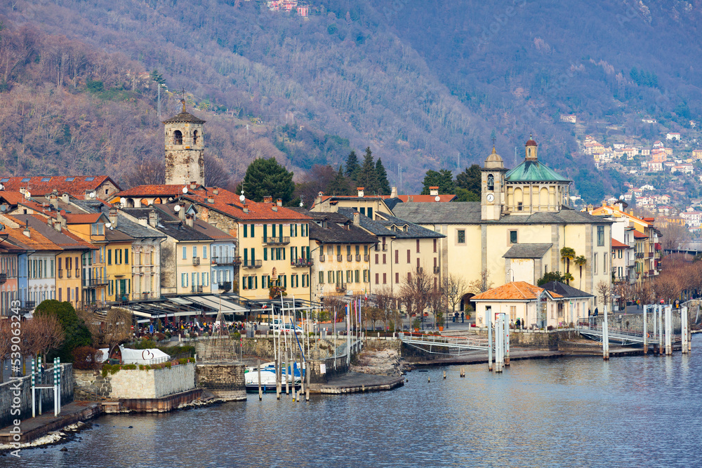Pretty resort, Cannobio city center on the Maggiore lake, on a sunny day, Verbania, Italy