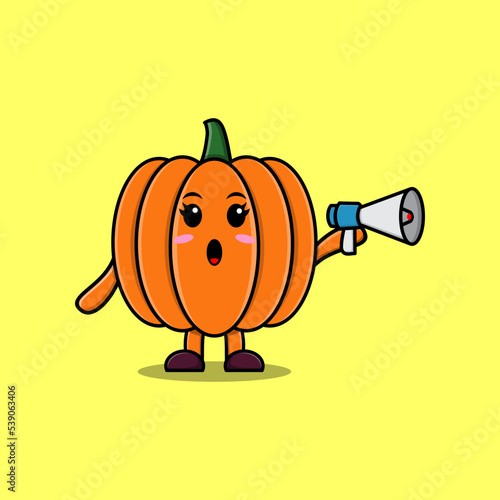 Cute Cartoon Pumpkin character speak with megaphone in 3d cartoon style concept