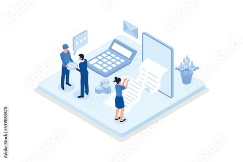 Characters manage finances. People calculating and analyzing personal or corporate budget, managing financial income, consulting with accountant, isometric vector modern illustration