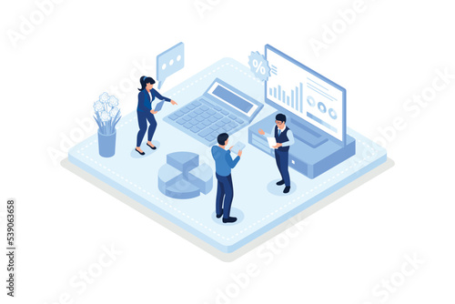 Characters manage finances, consulting with accountant, isometric vector modern illustration