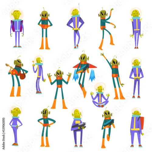 Cartoon Alien and Ufo Characters Wearing Space Costume Big Vector Set