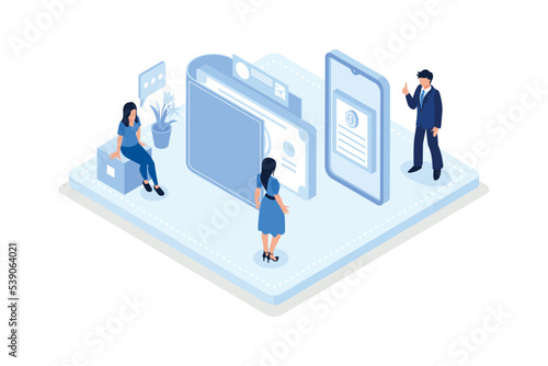 Characters in online internet banking transfer electronic funds from bank to bank. Sending and receiving money concept, isometric vector modern illustration
