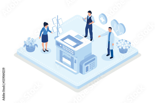 Doctor checks blood pressure and examine cardiogram and pulse on EKG monitor, isometric vector modern illustration, isometric vector modern illustration