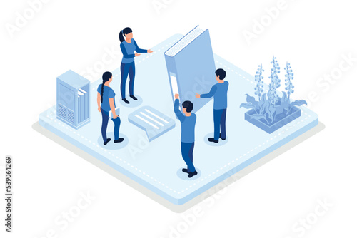 Book exchange and reuse , Characters recommending books, isometric vector modern illustration