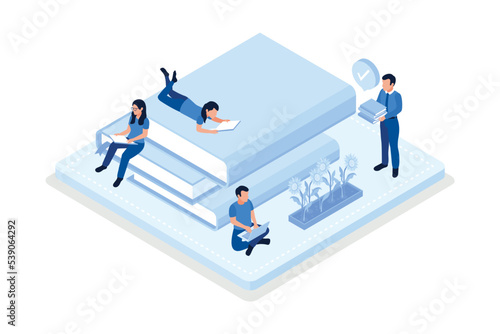Book exchange and reuse, People reading together, isometric vector modern illustration
