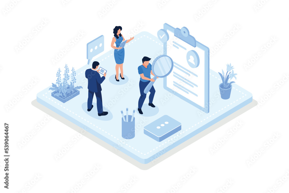 Hr managers reading CV and giving job candidate review, Job recruitment process concept, isometric vector modern illustration Hr managers reading CV and giving job candidate review, Job recruitment process concept, isometric vector modern illustration