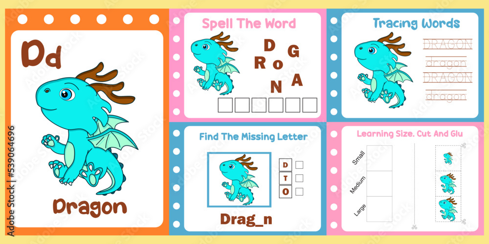 worksheets pack for kids with dragon vector. children's study book