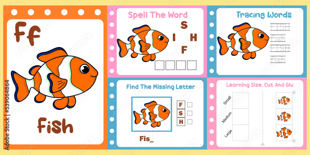 worksheets pack for kids with fish vector. children's study book Stock