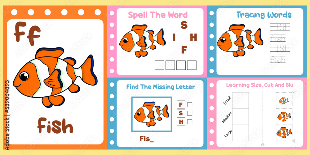 worksheets pack for kids with fish vector. children's study book