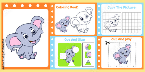 worksheets pack for kids with elephant vector. children's study book