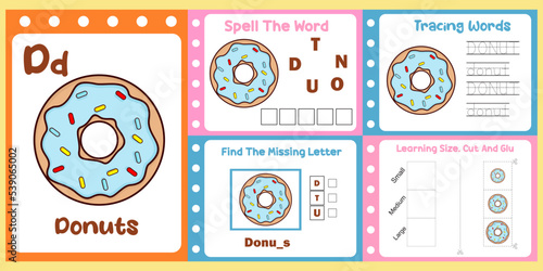 worksheets pack for kids with donuts vector. children's study book