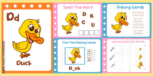worksheets pack for kids with duck vector. children's study book
