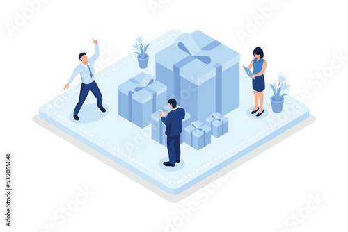 People celebrating birthday party, characters receiving gifts, isometric vector modern illustration