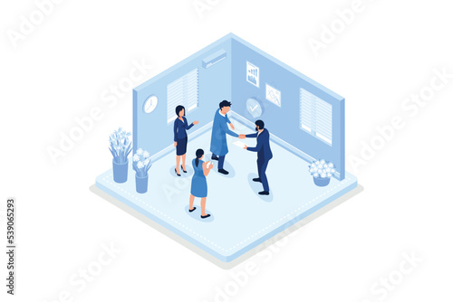 Characters working at home office and coworking space. People talking with colleagues, isometric vector modern illustration