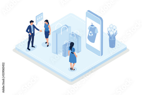 Characters buying recycling eco friendly textile and selling or donating vintage clothes on online flea market or second hand, isometric vector modern illustration