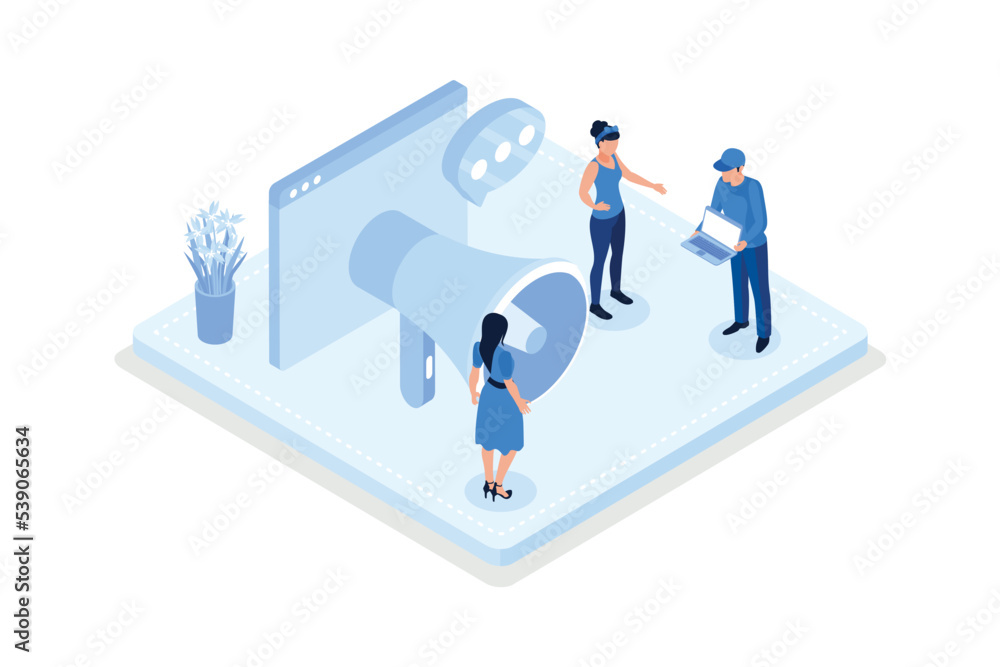 Digital marketing, Characters integrating with audience on social media platform, isometric vector modern illustration Digital marketing, Characters integrating with audience on social media platform, isometric vector modern illustration