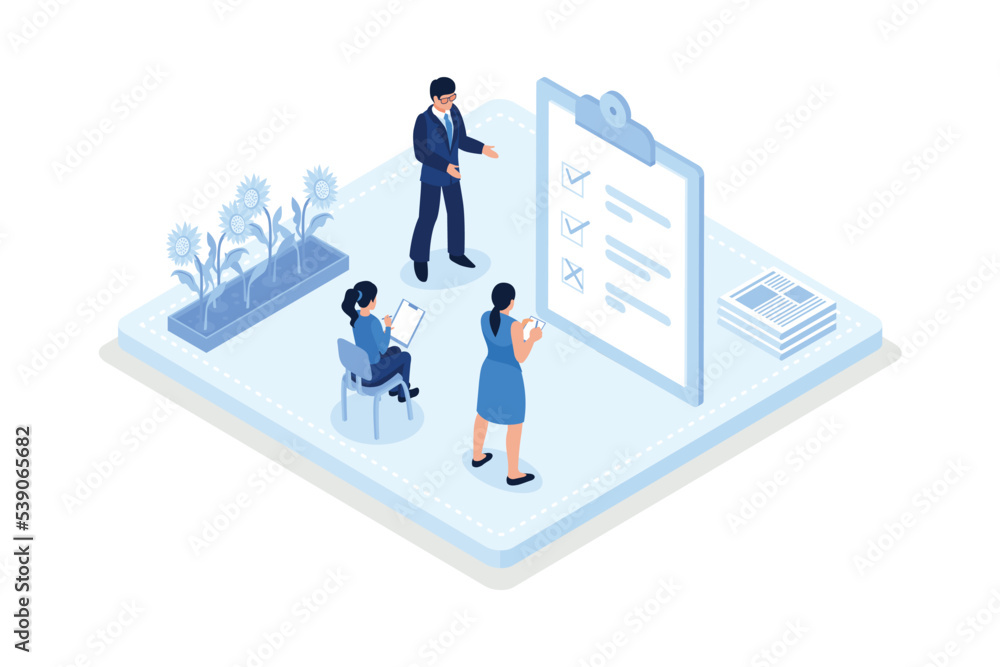Characters filling to do list and daily planner. Daily planning concept, isometric vector modern illustration Characters filling to do list and daily planner. Daily planning concept, isometric vector modern illustration