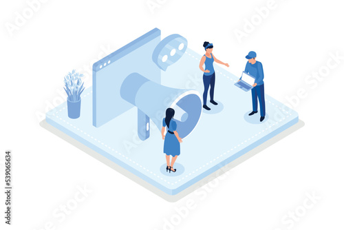 Digital marketing, Characters integrating with audience on social media platform, isometric vector modern illustration