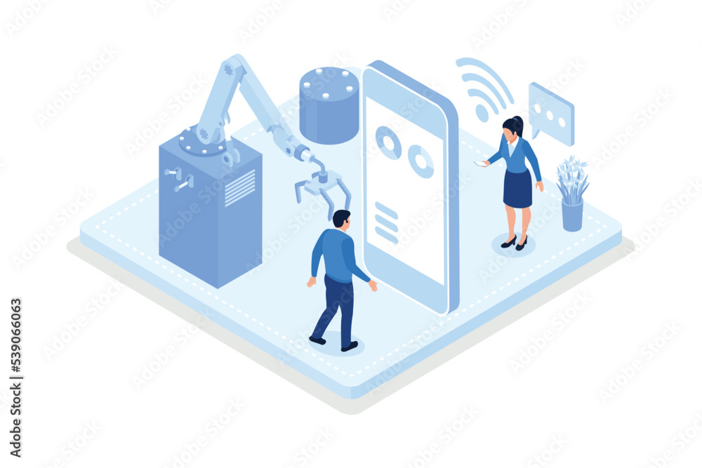 Smart intelligence technology in industrial factory. Characters wearing virtual reality headsets engineering with augmented reality. Industry 4.0, isometric vector modern illustration