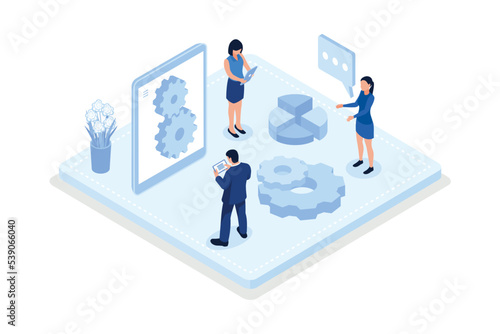 Smart intelligence technology in industrial factory. Characters wearing virtual reality headsets engineering with augmented reality. Industry 4.0, isometric vector modern illustration