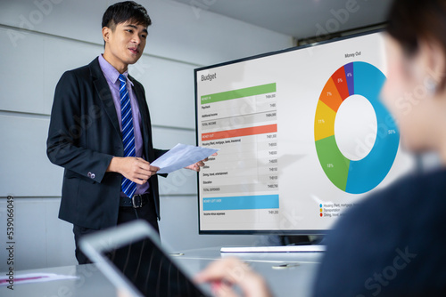 Asian businessman presenting company results and earnings in conference room