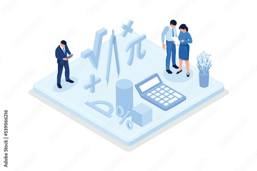 Math Science Concept. Tiny Male and Female Students Characters in Lab or School Class Learning Mathematics at Huge Blackboard. People Gaining Education and Writing Formula, isometric vector modern ill Math Science Concept. Tiny Male and Female Students Characters in Lab or School Class Learning Mathematics at Huge Blackboard. People Gaining Education and Writing Formula, isometric vector modern ill
