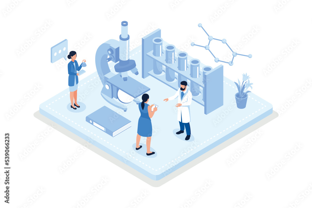 Medical Laboratory. Research, testing, studies in chemistry, physics, biology. laboratory equipment. Hands of doctor with pipette and test tube, isometric vector modern illustration Medical Laboratory. Research, testing, studies in chemistry, physics, biology. laboratory equipment. Hands of doctor with pipette and test tube, isometric vector modern illustration
