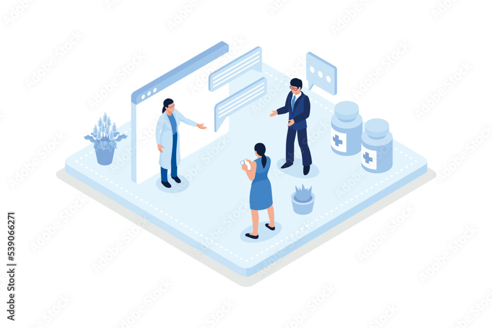 Patients having consultation, Telemedicine and e-health concept, isometric vector modern illustration Patients having consultation, Telemedicine and e-health concept, isometric vector modern illustration