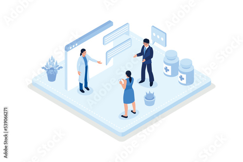 Patients having consultation, Telemedicine and e-health concept, isometric vector modern illustration