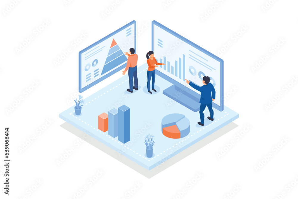 Conceptual template with people analyzing charts, diagrams, graphs. Scene for structural analysis, data analytics, information monitoring system, isometric vector modern illustration Conceptual template with people analyzing charts, diagrams, graphs. Scene for structural analysis, data analytics, information monitoring system, isometric vector modern illustration