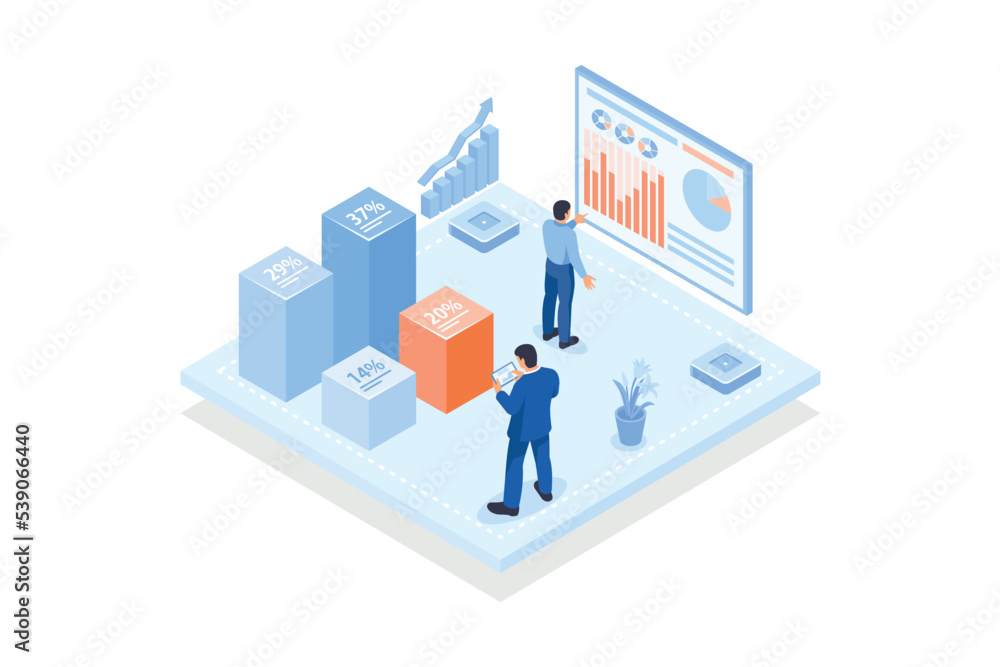Conceptual template with analysts looking at column chart with percentage indicators. Scene for data science and information analysis, isometric vector modern illustration Conceptual template with analysts looking at column chart with percentage indicators. Scene for data science and information analysis, isometric vector modern illustration