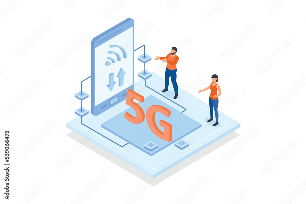 Conceptual template with people looking at phone with wifi signal on screen. Scene for 5G technology standard for mobile devices, broadband Internet access, isometric vector modern illustration Conceptual template with people looking at phone with wifi signal on screen. Scene for 5G technology standard for mobile devices, broadband Internet access, isometric vector modern illustration
