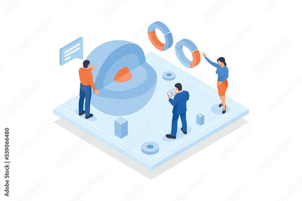 Conceptual template with sphere with cut out piece surrounded by analysts. Scene for future of material analysis or research, nanotechnology, isometric vector modern illustration Conceptual template with sphere with cut out piece surrounded by analysts. Scene for future of material analysis or research, nanotechnology, isometric vector modern illustration