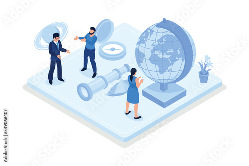 Globe, maps, compass and others school subjects. School and study subjects. Geography science, isometric vector modern illustration