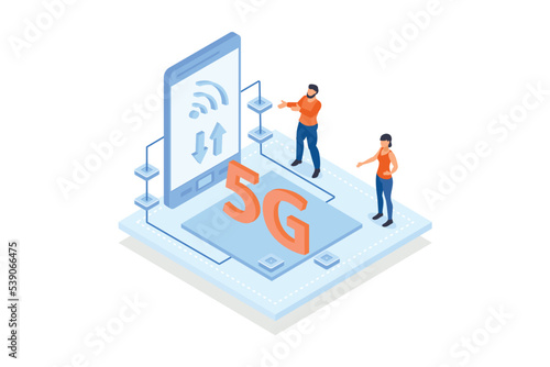Conceptual template with people looking at phone with wifi signal on screen. Scene for 5G technology standard for mobile devices, broadband Internet access, isometric vector modern illustration