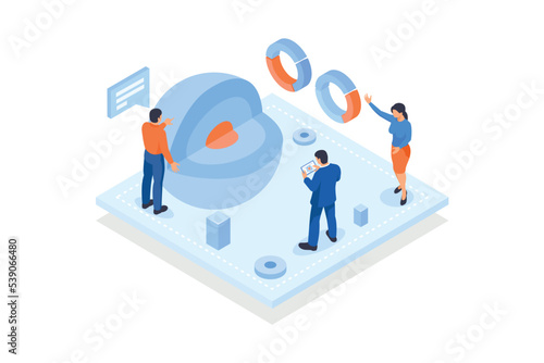 Conceptual template with sphere with cut out piece surrounded by analysts. Scene for future of material analysis or research, nanotechnology, isometric vector modern illustration
