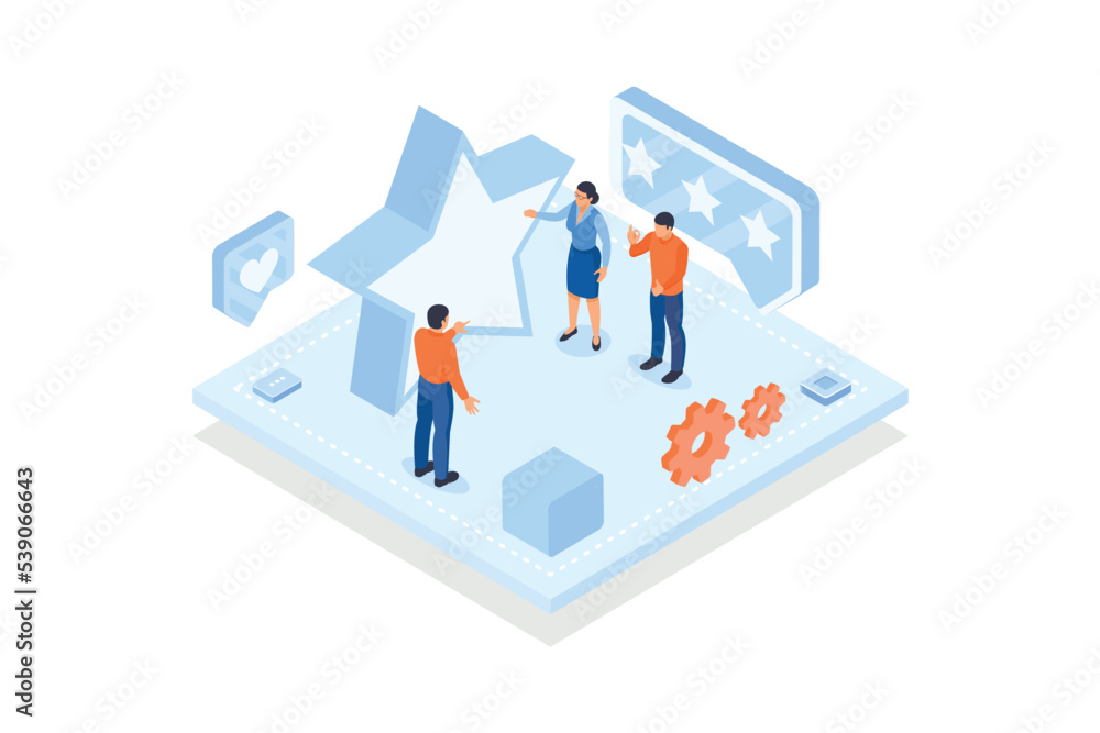 Conceptual template with group of people and golden stars. Scene for quality ranking, excellent rating score, positive review, user feedback, isometric vector modern illustration Conceptual template with group of people and golden stars. Scene for quality ranking, excellent rating score, positive review, user feedback, isometric vector modern illustration