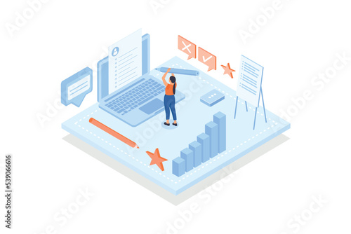 Conceptual template with woman filling in questionnaire on laptop computer screen. Scene for internet service for creation of public survey, statistical research, isometric vector modern illustration